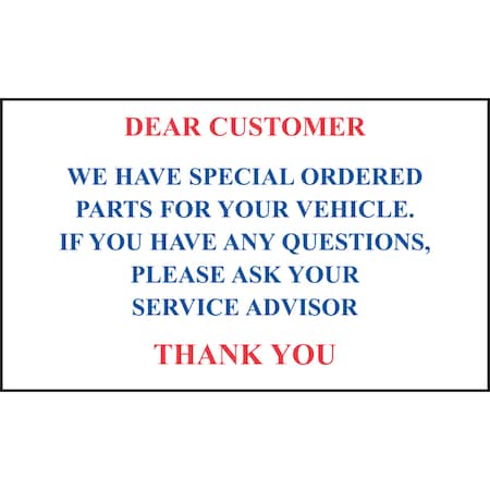 Asp "Parts On Order" Static Clings (Stock), 2 1/2" X 1 1/2", 100 Per Pack Pk 1811